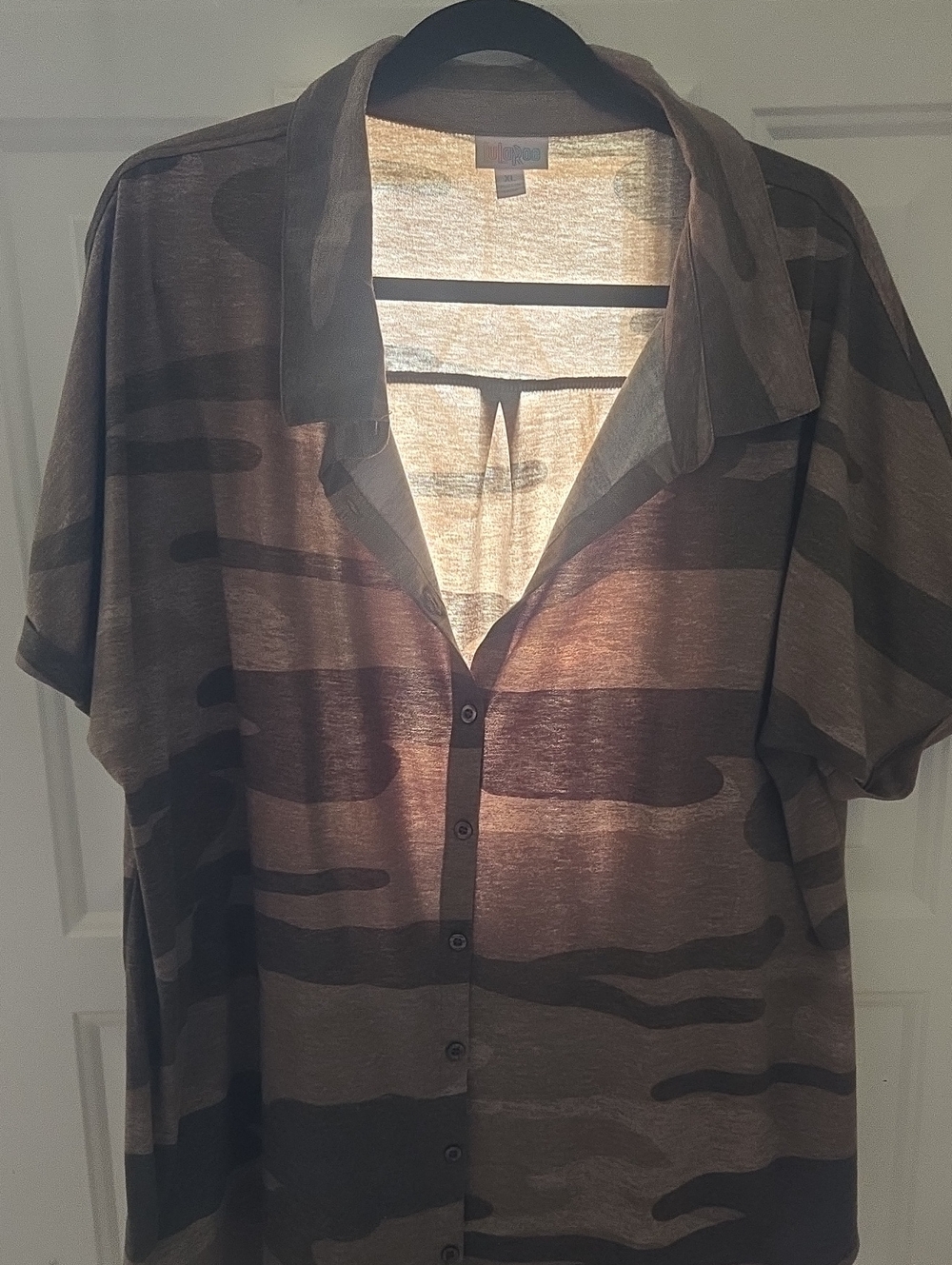 Lularoe "Charlie" Short Sleeve Button-Up Shirt in Olive Camo